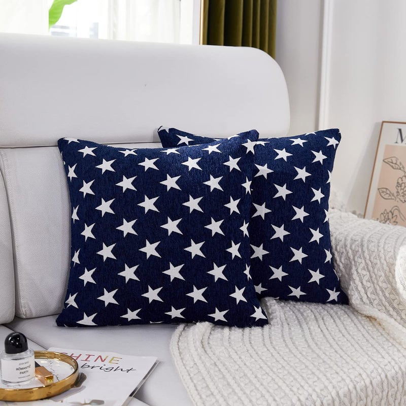 Sunday Praise Set of 2 Soft Chenille Decorative Patriotic Throw Pillow Cover Case Geometric Stars July 4th Accent Square Cushion Cover Case Sham for Couch Sofa Bed Car 18 x 18 Inch 45x45 cm (Blue) - Image 1